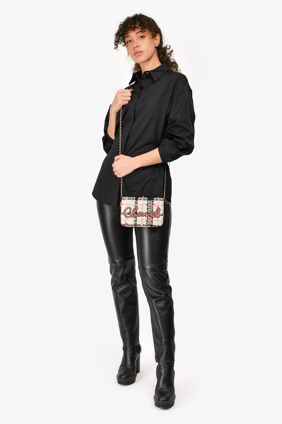 Pre-Loved Chanel™ 2019 Pink/Black/Cream Tweed Wallet On Chain