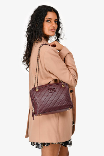 Pre-Loved Chanel™ 2015-16 Eggplant Purple Diagonal Leather Camera Case Double Chain Shoulder Bag