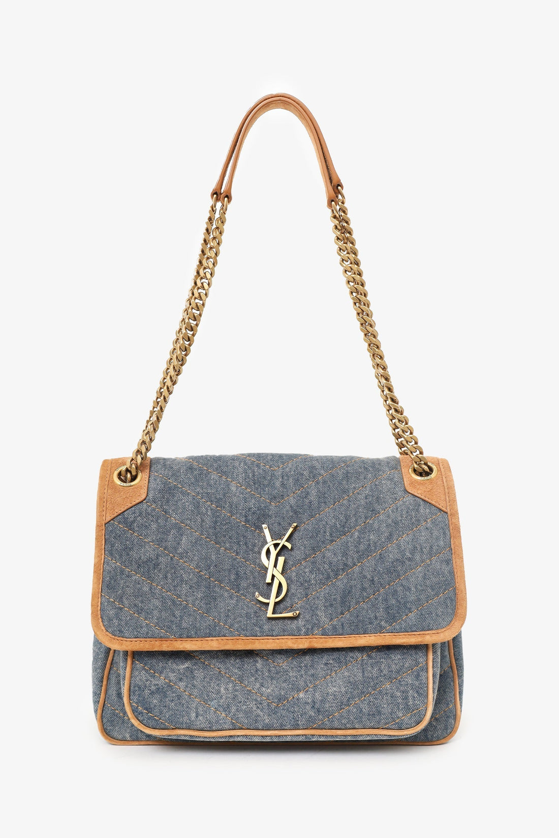 Saint Laurent Blue/Brown Denim/Suede Medium Monogram Matelasse Niki Shoulder Bag