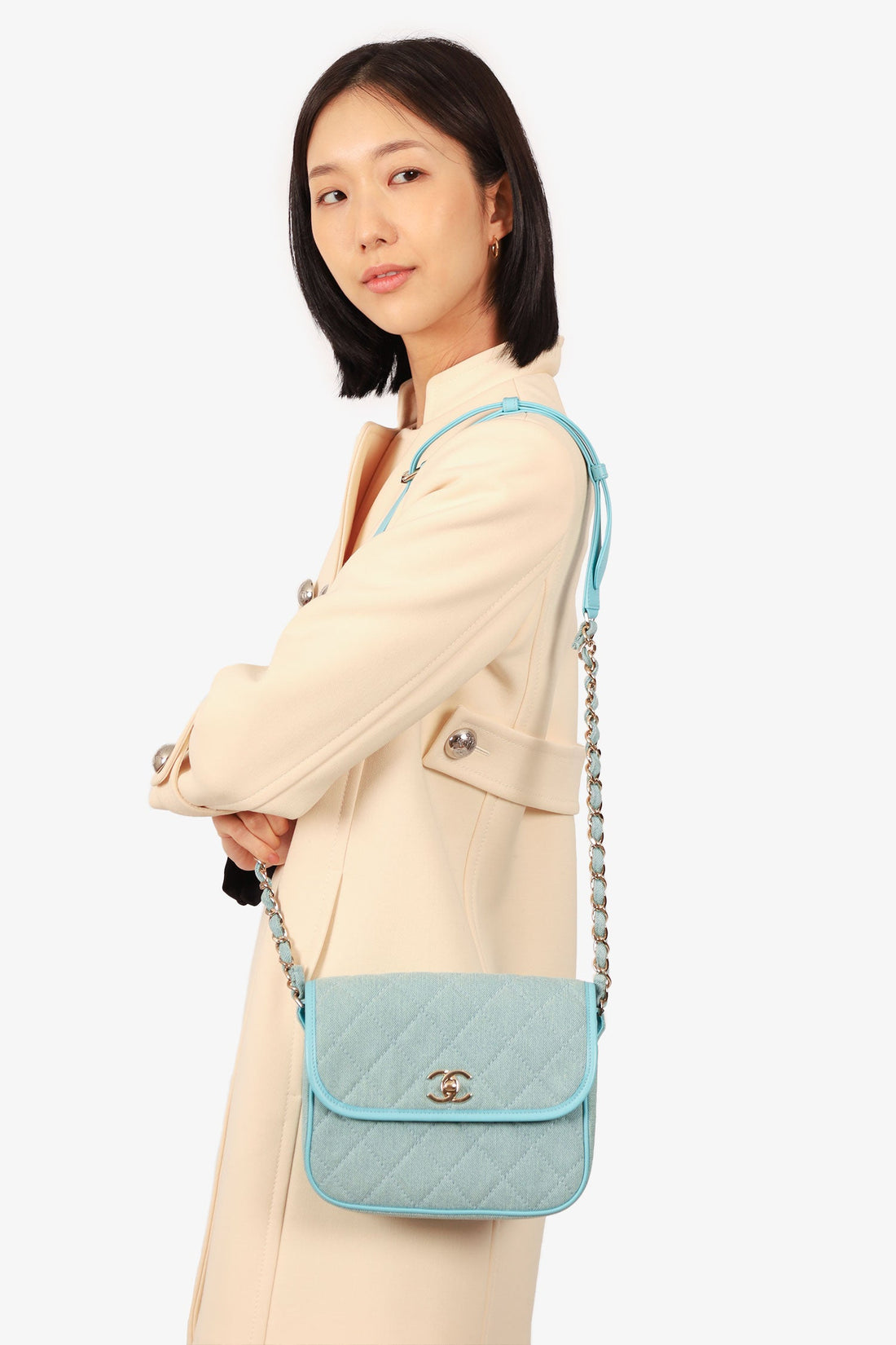 Pre-Loved Chanel™ 2021 Blue Denim Quilted CC Small Messenger Flap Bag