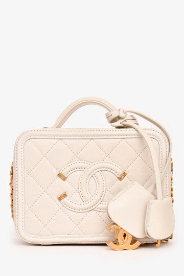 Pre-Loved Chanel™ 2017/18 Cream Caviar Leather Small Filigree Vanity Case