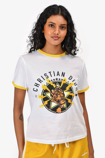 Christian Dior White/Yellow Tiger Printed Short Sleeve T-Shirt Size S