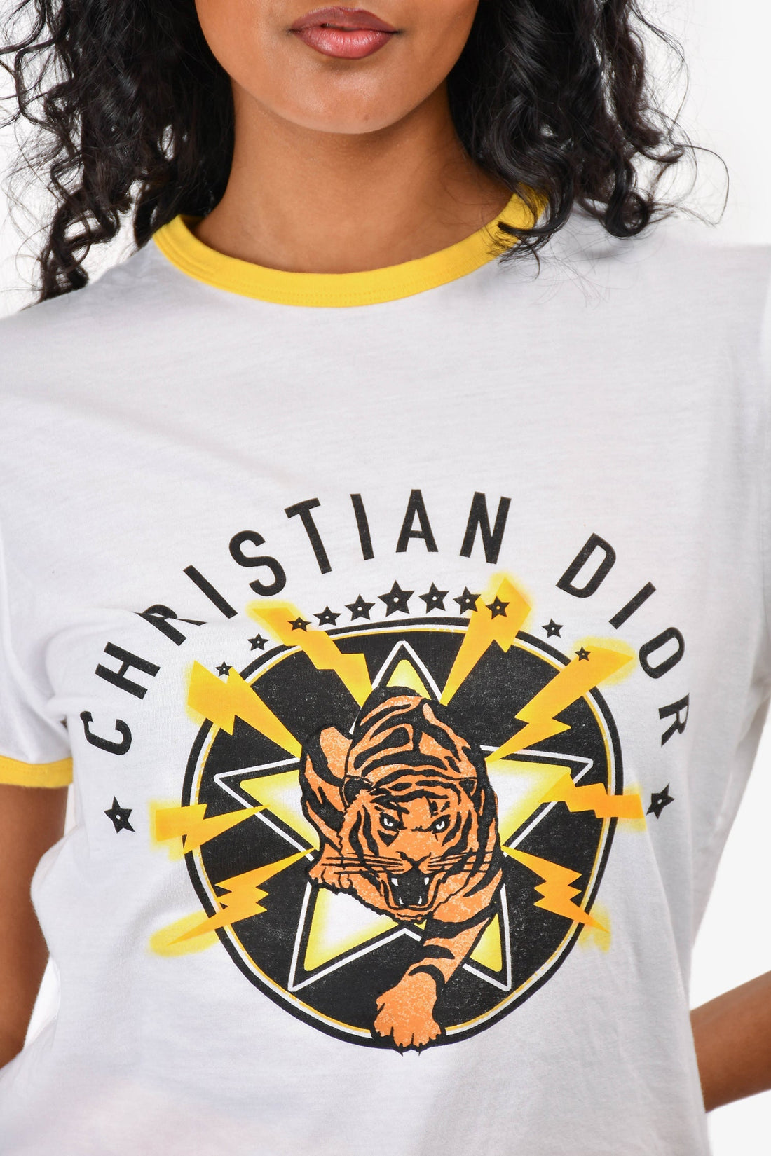 Christian Dior White/Yellow Tiger Printed Short Sleeve T-Shirt Size S