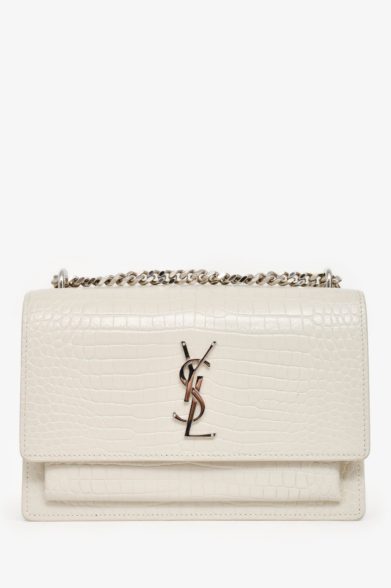 Saint Laurent 2022 Grey Croc Embossed Leather Medium Sunset Shoulder Bag