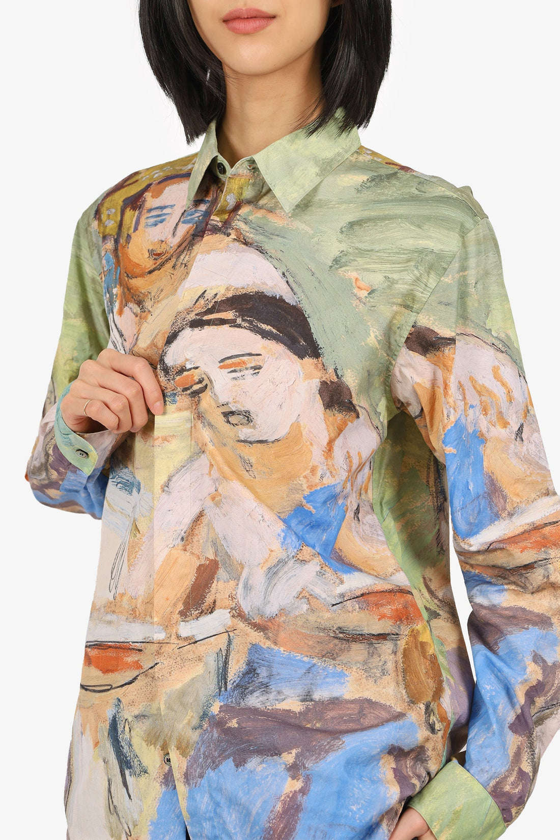 Dior x Duncan Grant x Charleston Green/Blue Abstract Painted Button Up Shirt Size 40 Mens