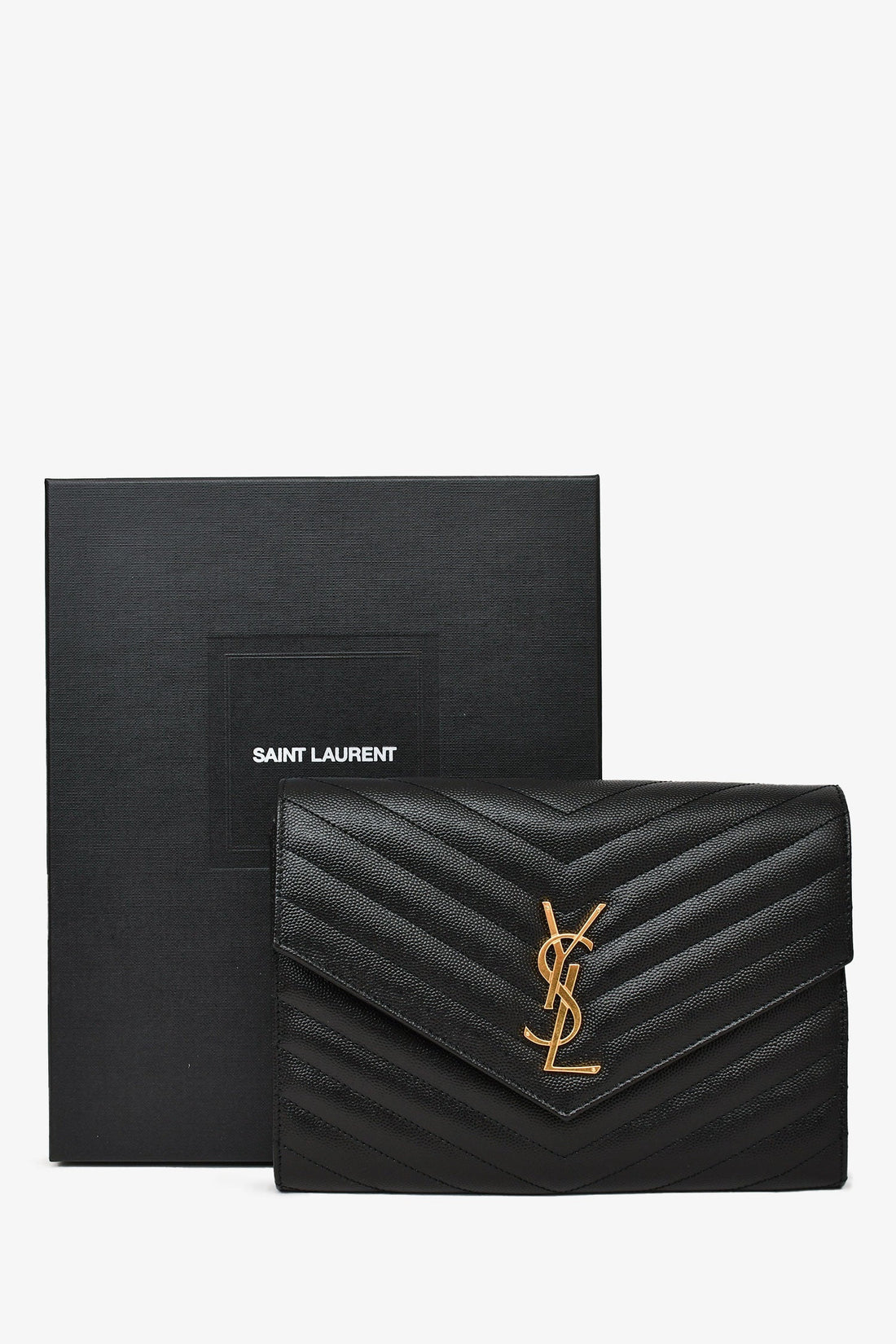 Saint Laurent 2022 Black Leather Chevron Quilted Cassandra Clutch