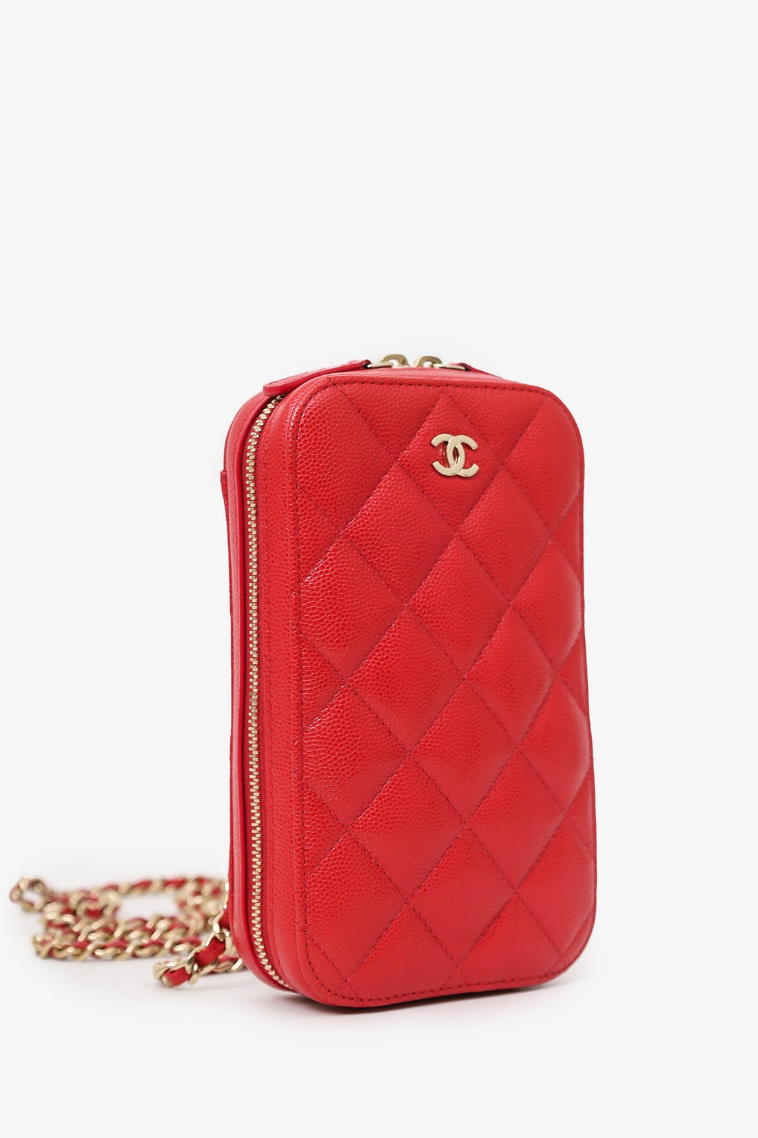 Pre-Loved Chanel™ 2019 Red Caviar Vertical ZIP Around Phone Chain Bag