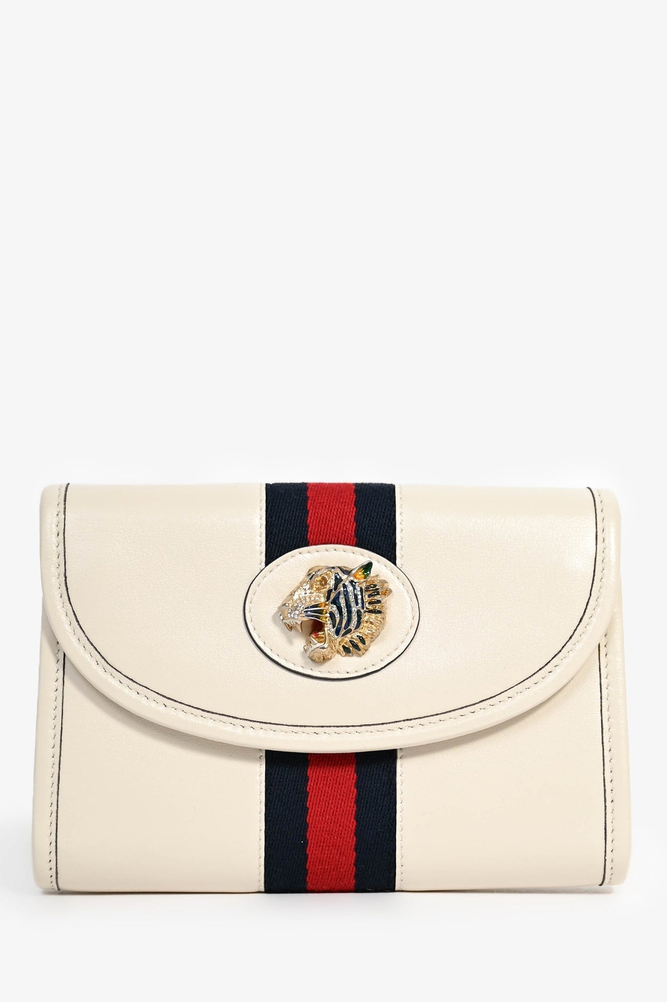 Gucci Cream Leather Web Mini Rajah Clutch with Chain