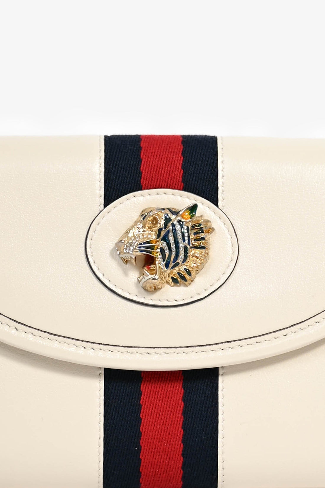 Gucci Cream Leather Web Mini Rajah Clutch with Chain