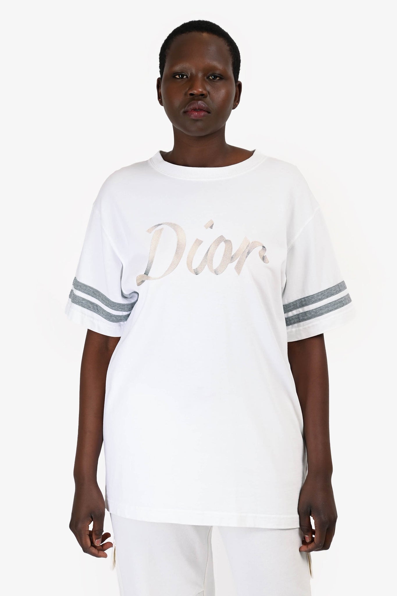 Christian Dior 2022 White/Grey Embroidered Ribbon Logo T-Shirt Size M Mens