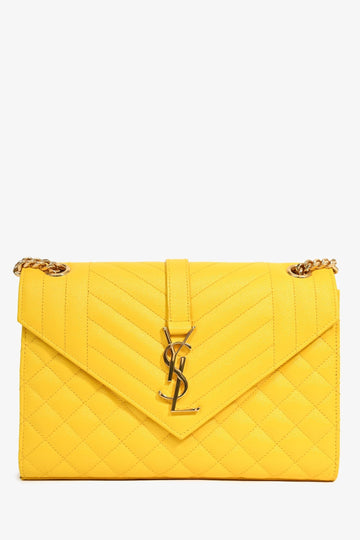 Saint Laurent 2016 Yellow Leather Tri-Quilted Envelope Chain Medium Shoulder Bag