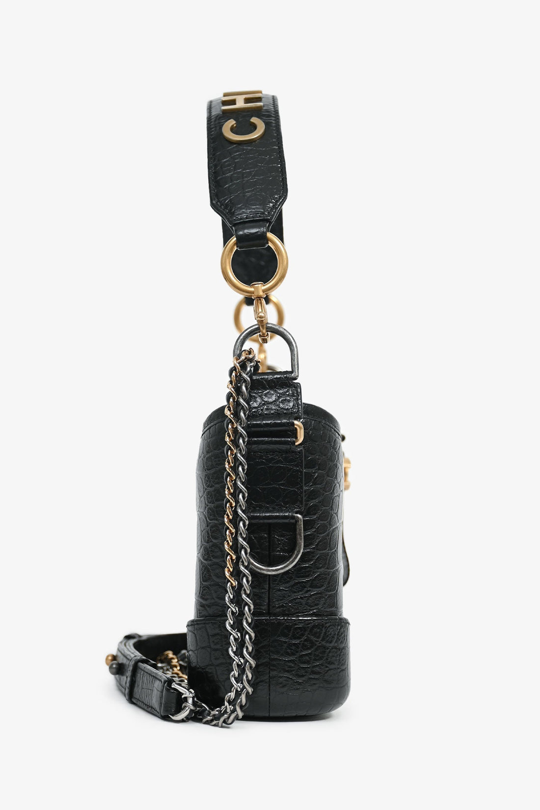 Pre-Loved Chanel™ 2019-20 Black Croc Embossed Leather Medium Gabrielle Crossbody Bag with Logo Strap