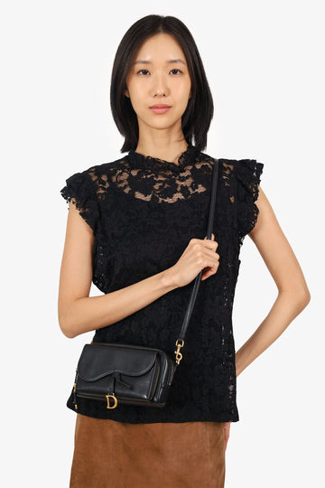 Dior 2021 Black Goatskin Double Saddle Pouch Crossbody