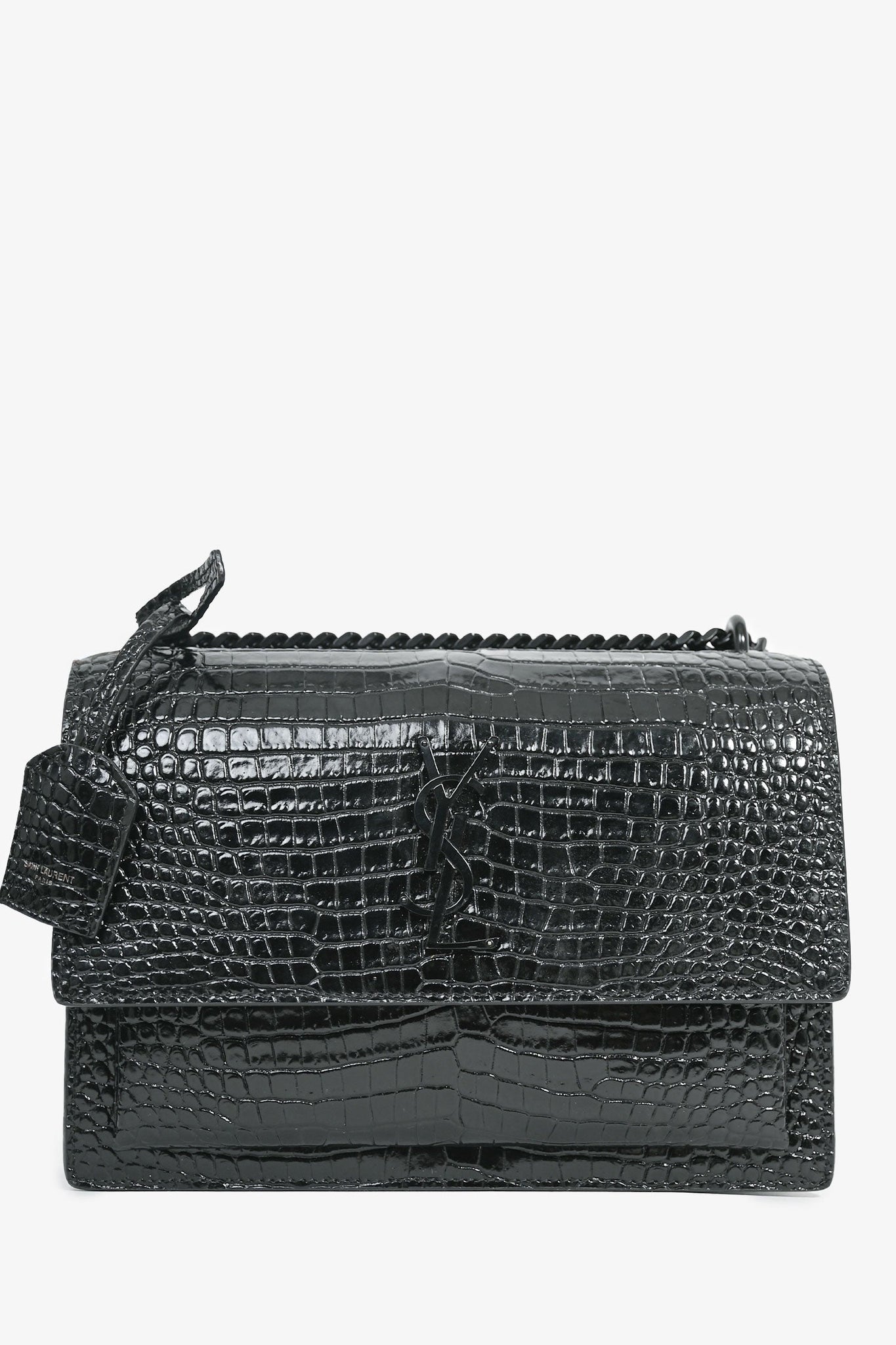 Saint Laurent Black Croc Embossed Sunset Medium Chain Shoulder Bag