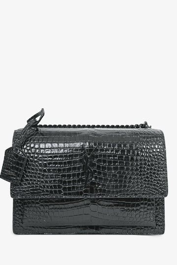 Saint Laurent Black Croc Embossed Sunset Medium Chain Shoulder Bag