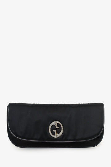 Gucci Black Satin Diamante Embellished 1973 'GG' Clutch