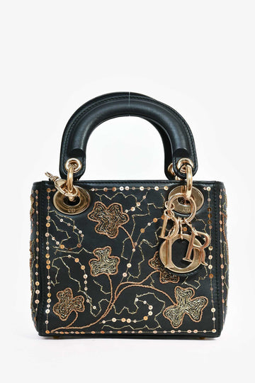 Christian Dior Black Leather Gold 'Clovers' Embroidered Mini Lady Dior