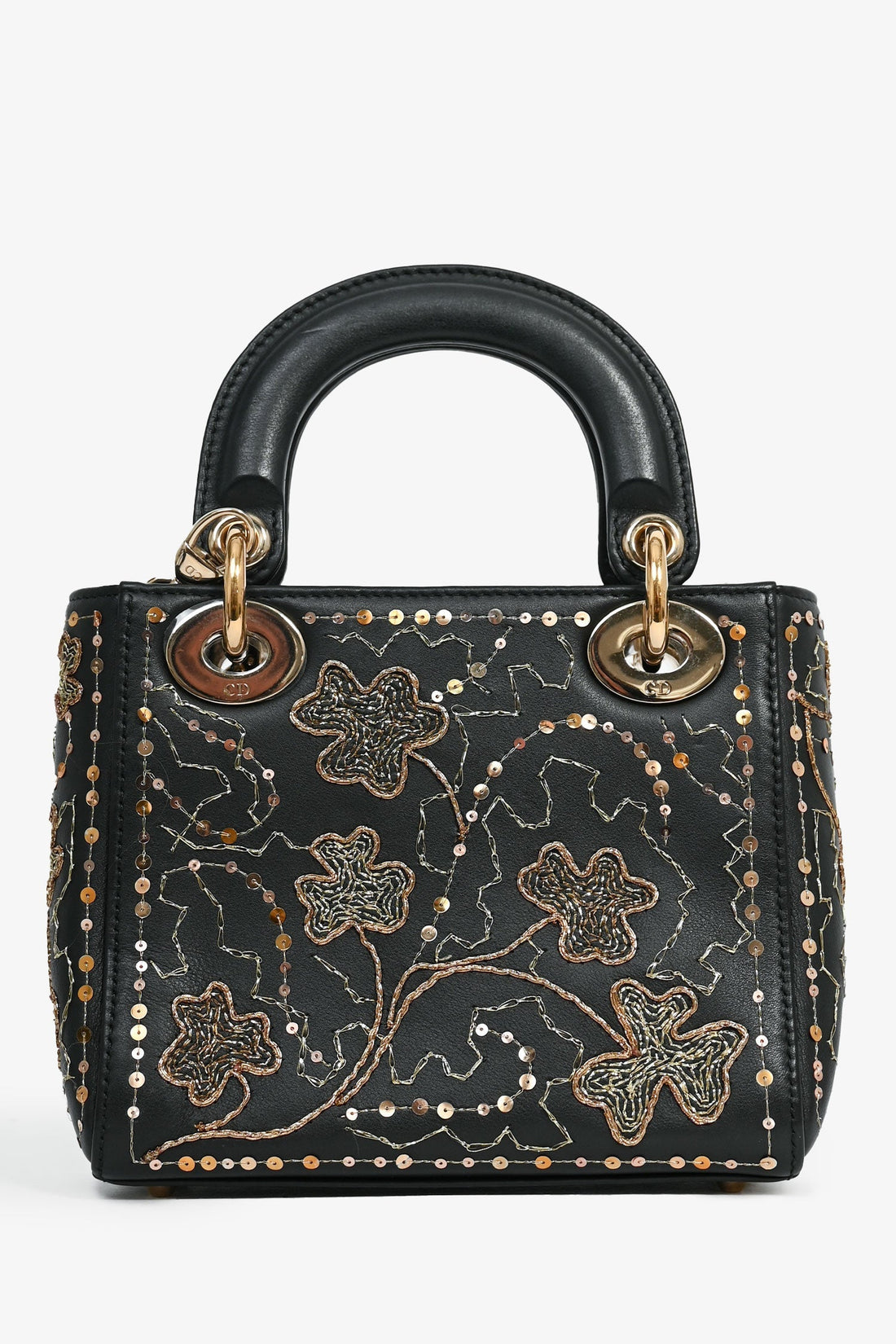 Christian Dior Black Leather Gold 'Clovers' Embroidered Mini Lady Dior