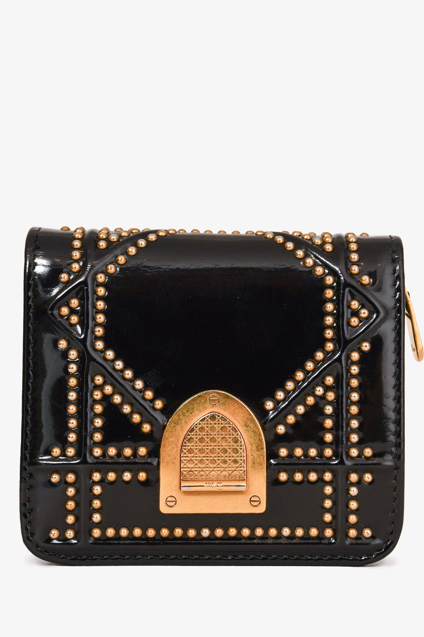 Christian Dior 2017 Black Patent Leather Studded Diorama Small Wallet