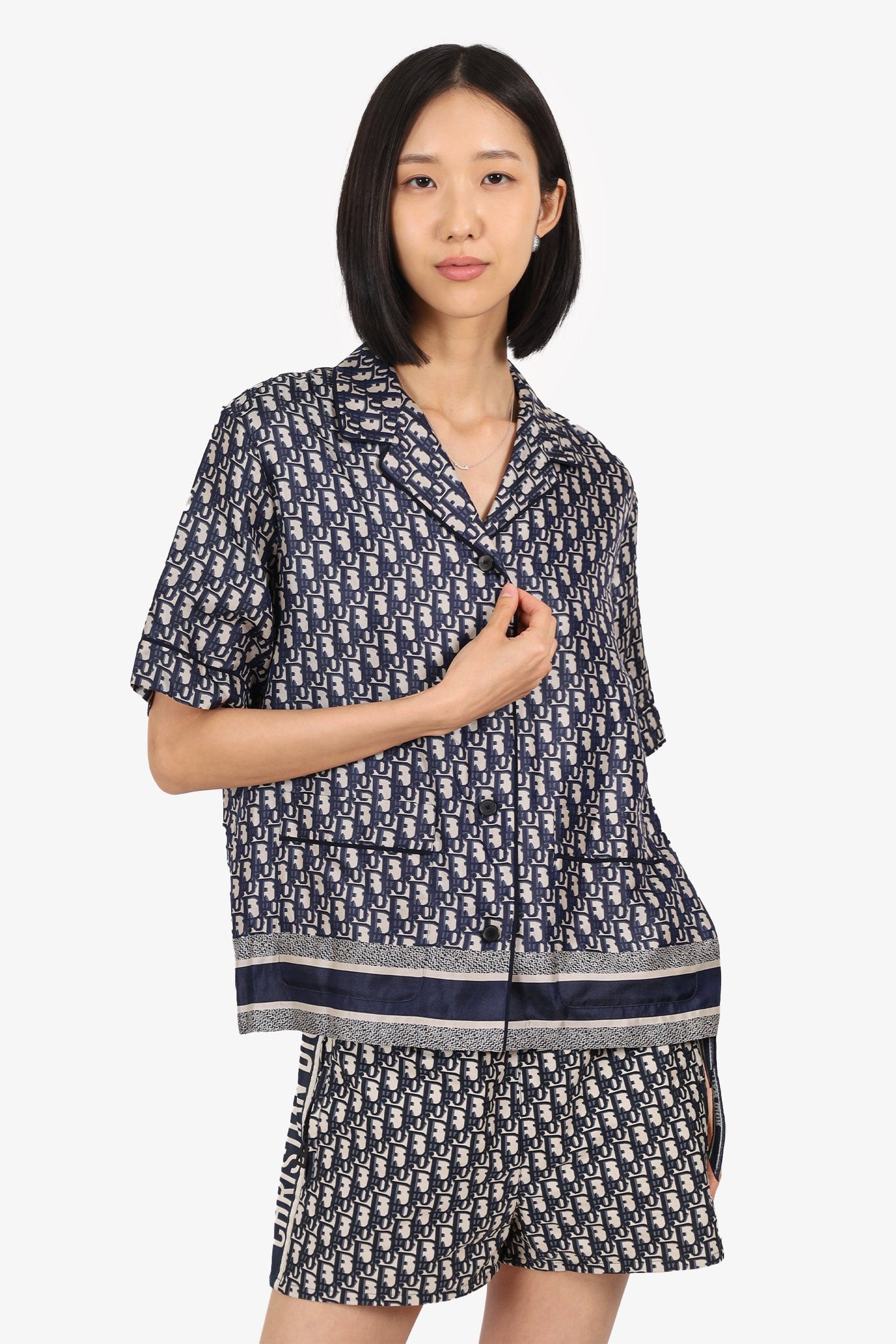 Christian Dior Navy/White Oblique Silk Short Sleeve Shirt Size 8