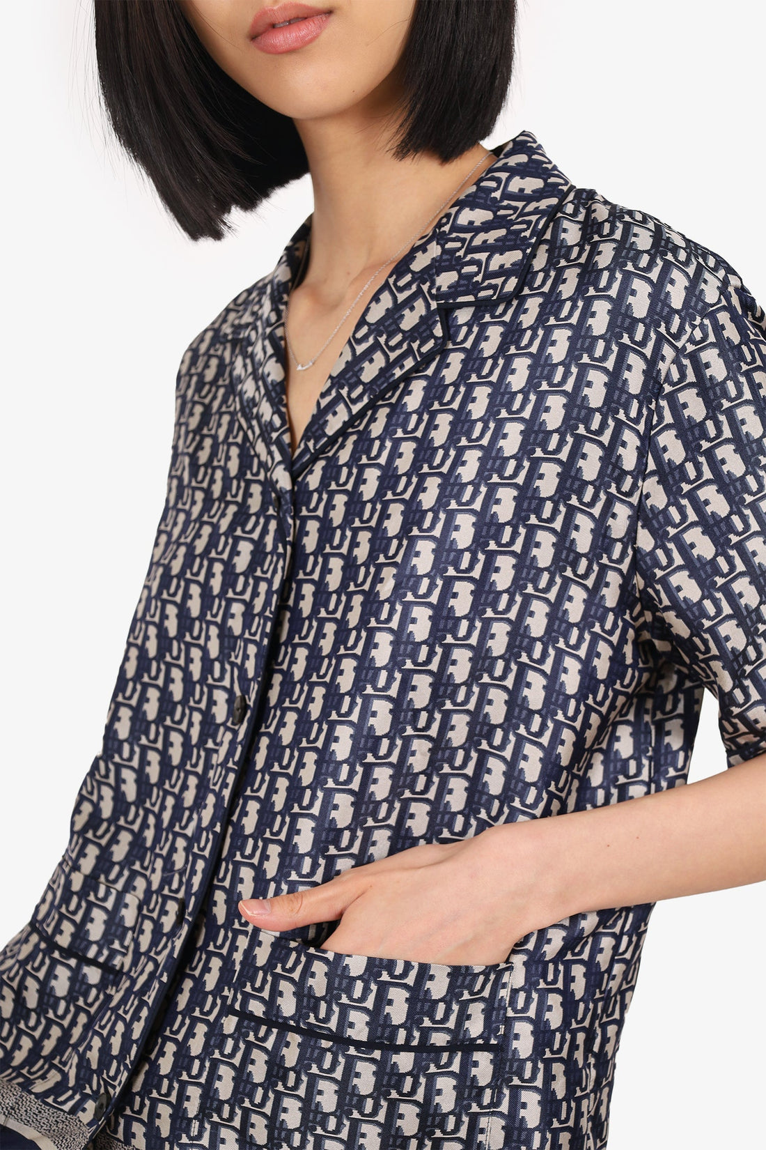 Christian Dior Navy/White Oblique Silk Short Sleeve Shirt Size 8