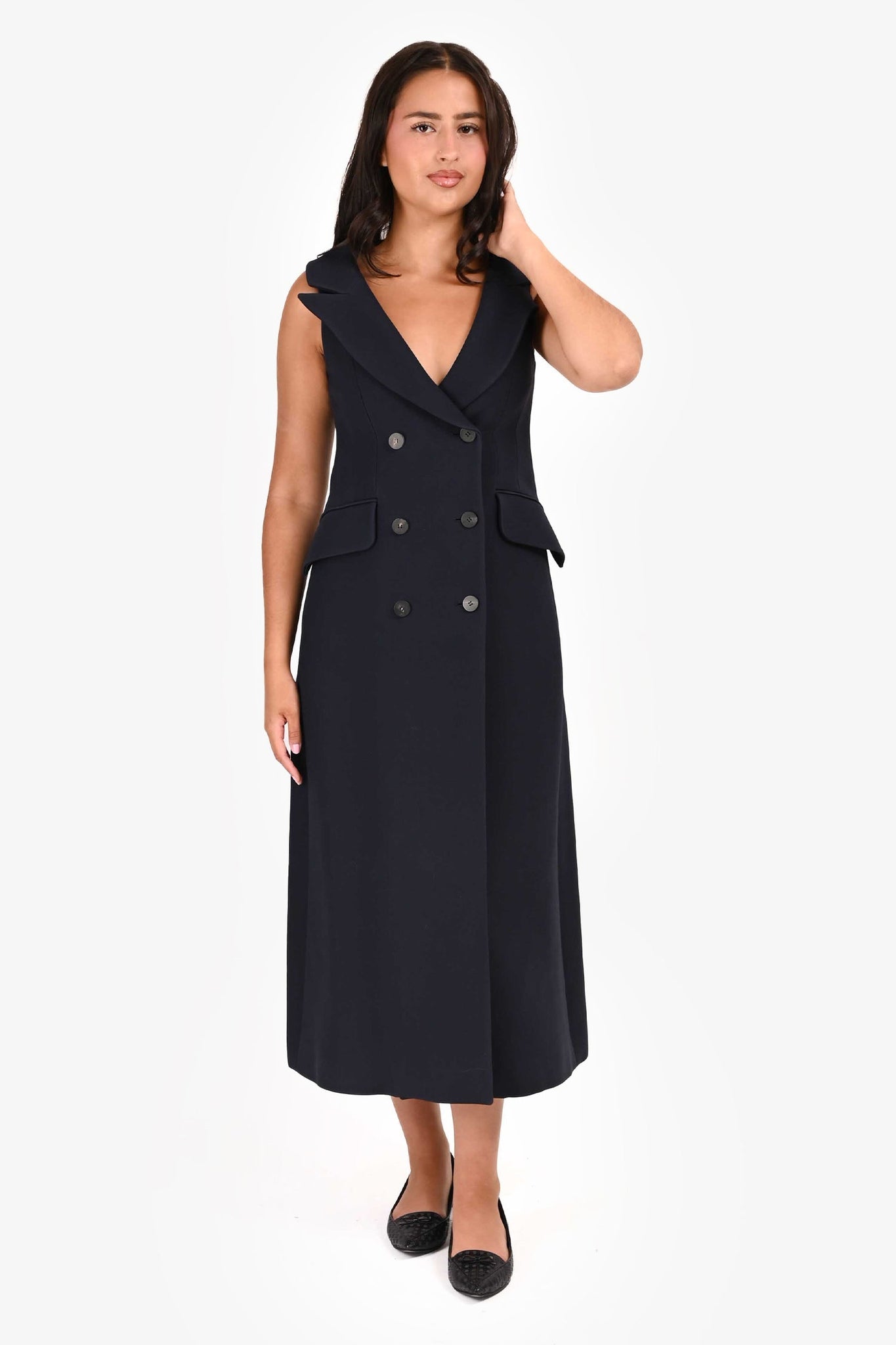 Christian Dior Navy Wool Double Breasted Sleeves Blazer Style Long Dress Size 38