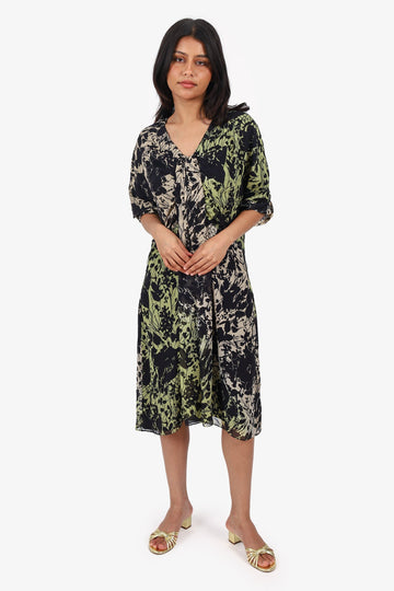 Christian Dior Green/Black Silk Printed Draped Short Sleeve Midi Dress Size 14