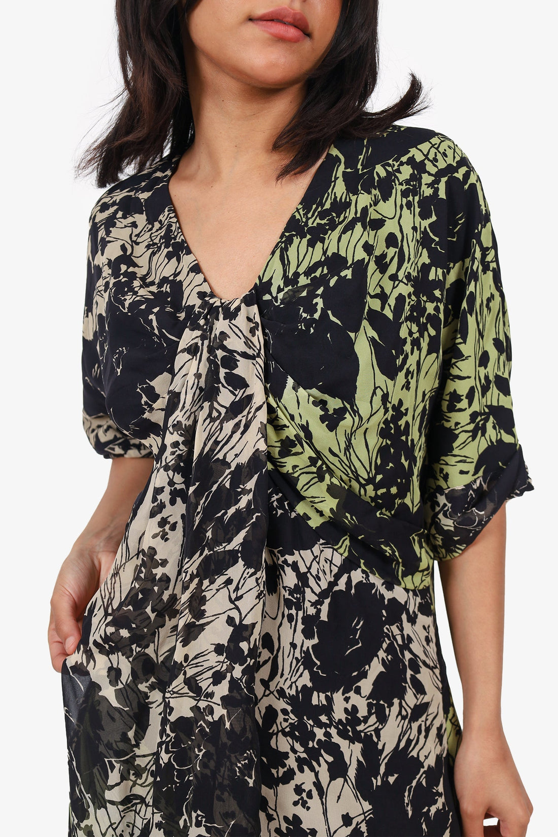 Christian Dior Green/Black Silk Printed Draped Short Sleeve Midi Dress Size 14