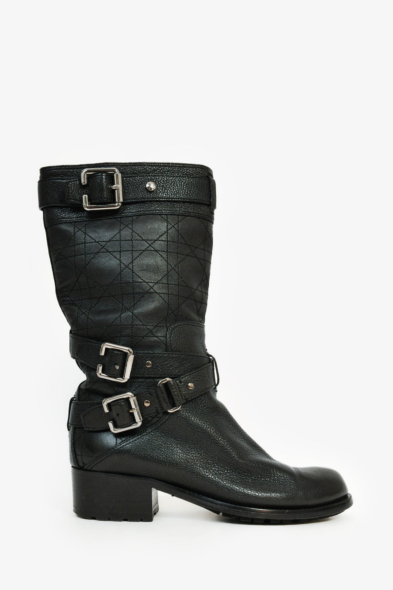 Christian Dior Black Cannage Leather Moto Boots Size 36