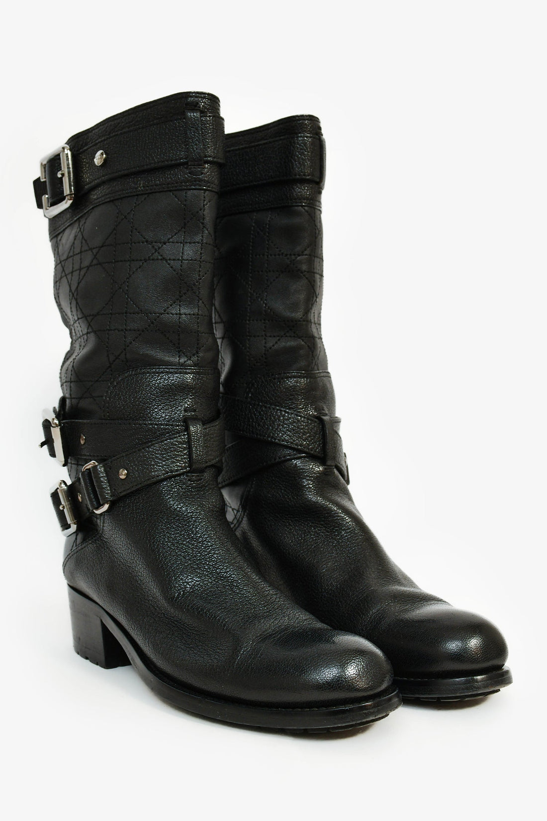 Christian Dior Black Cannage Leather Moto Boots Size 36