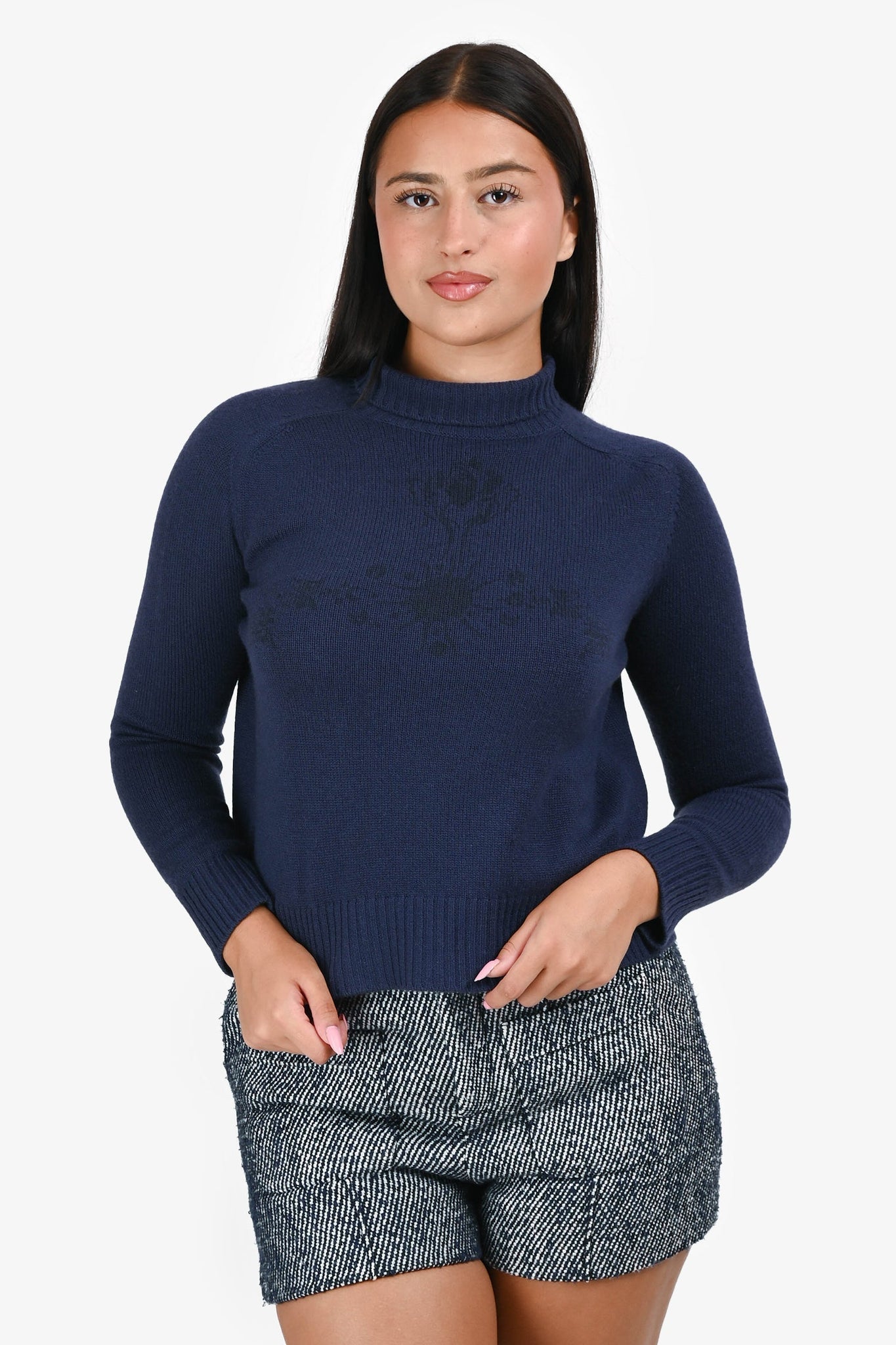 Christian Dior Navy Blue/Black Printed Cashmere Turtleneck Sweater Size 4 US