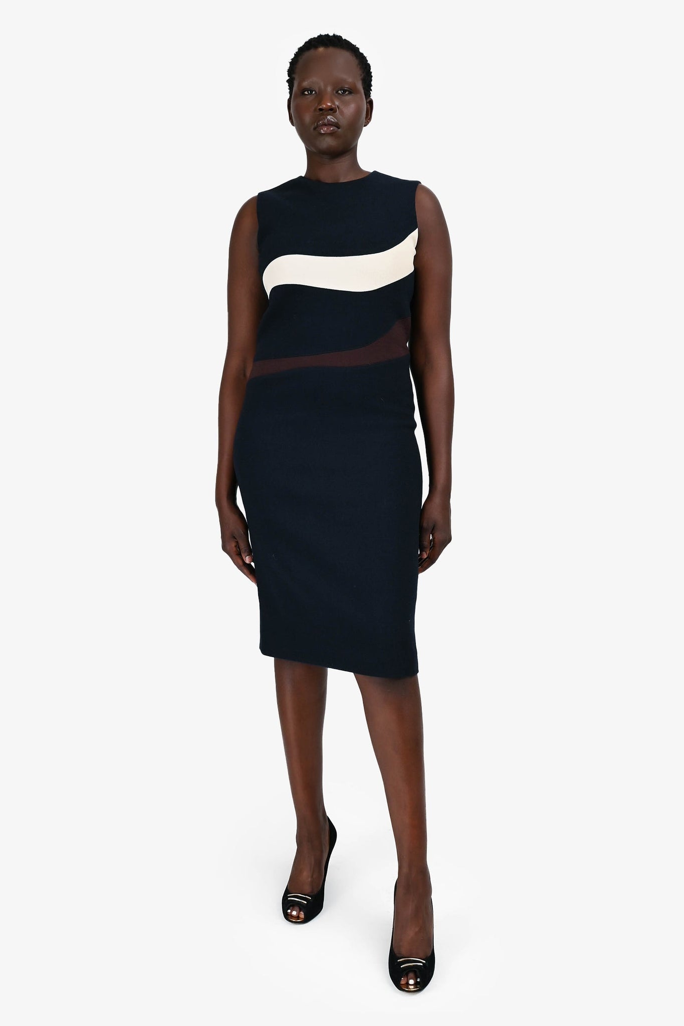 Christian Dior Navy Wool White/Brown Stripe Sleeveless Midi Dress Size 8