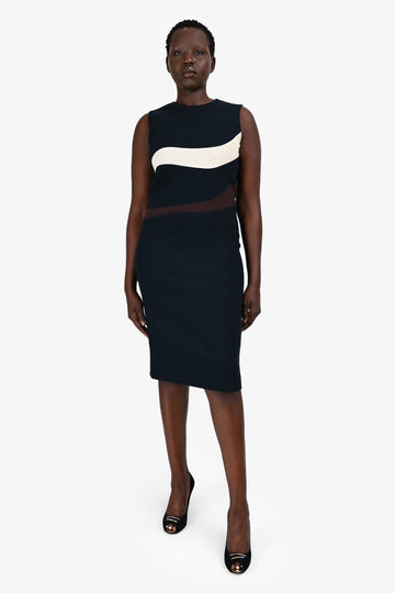 Christian Dior Navy Wool White/Brown Stripe Sleeveless Midi Dress Size 8
