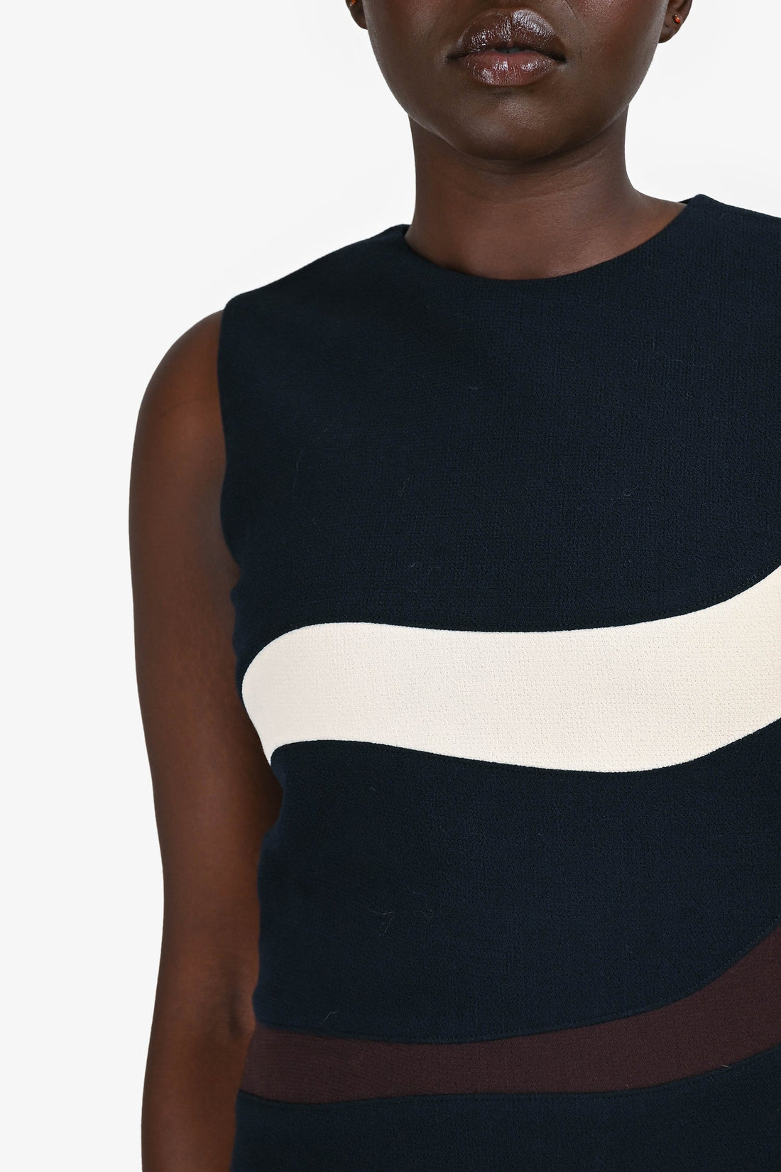 Christian Dior Navy Wool White/Brown Stripe Sleeveless Midi Dress Size 8