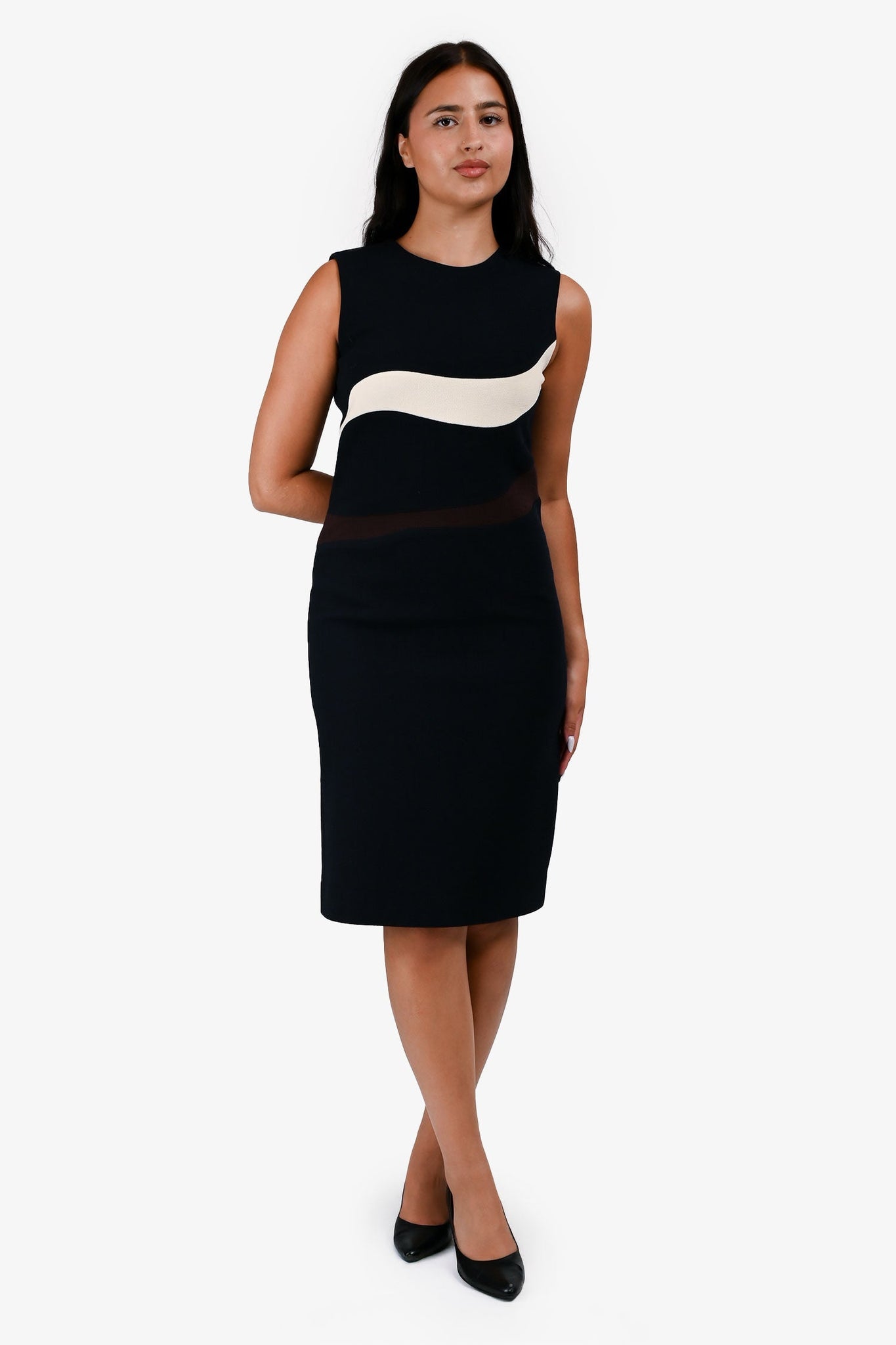 Christian Dior Navy Wool Cream/Brown Striped Sleeveless Midi Dress Size 6 US