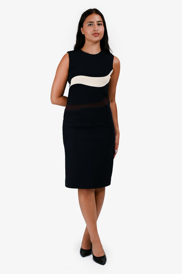 Christian Dior Navy Wool Cream/Brown Striped Sleeveless Midi Dress Size 6 US