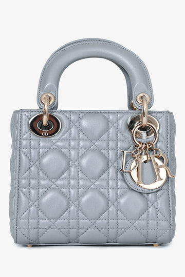 Christian Dior Grey Shimmer Leather Cannage Mini Lady Dior with Strap