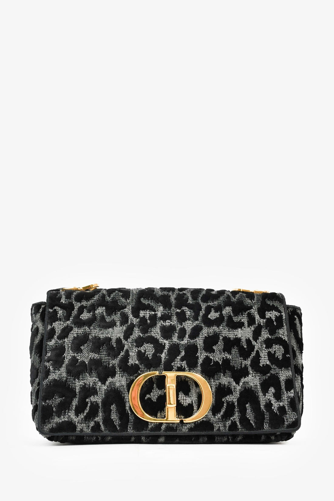 Christian Dior 2021 Black Grey Velvet Leopard Print Medium Caro Bag