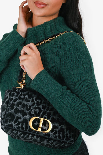 Christian Dior 2021 Black Grey Velvet Leopard Print Medium Caro Bag