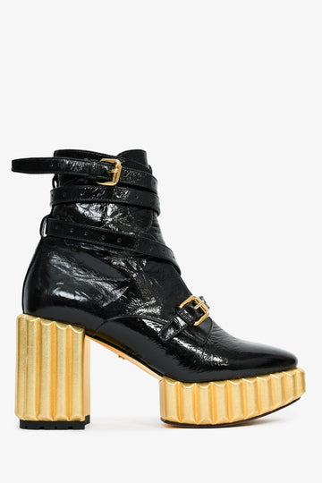 Christian Dior Black Patent Crinkle Leather Gold Platform Booties Size 37