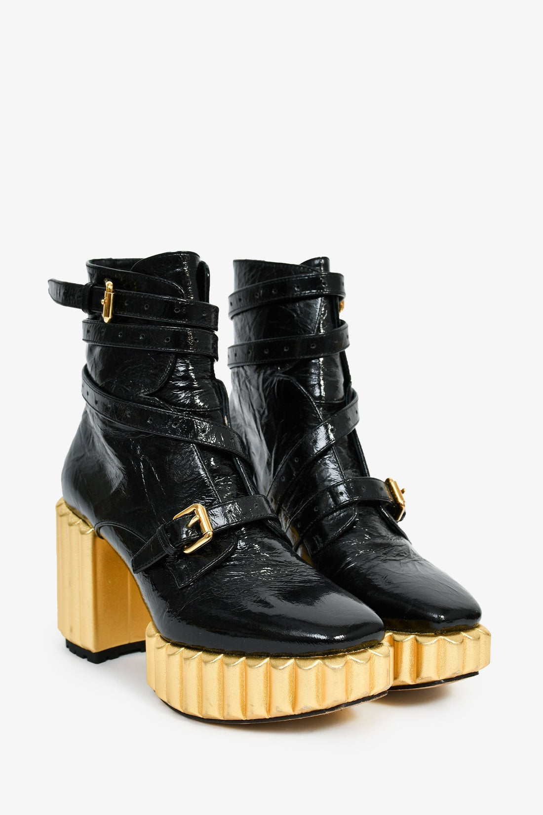 Christian Dior Black Patent Crinkle Leather Gold Platform Booties Size 37