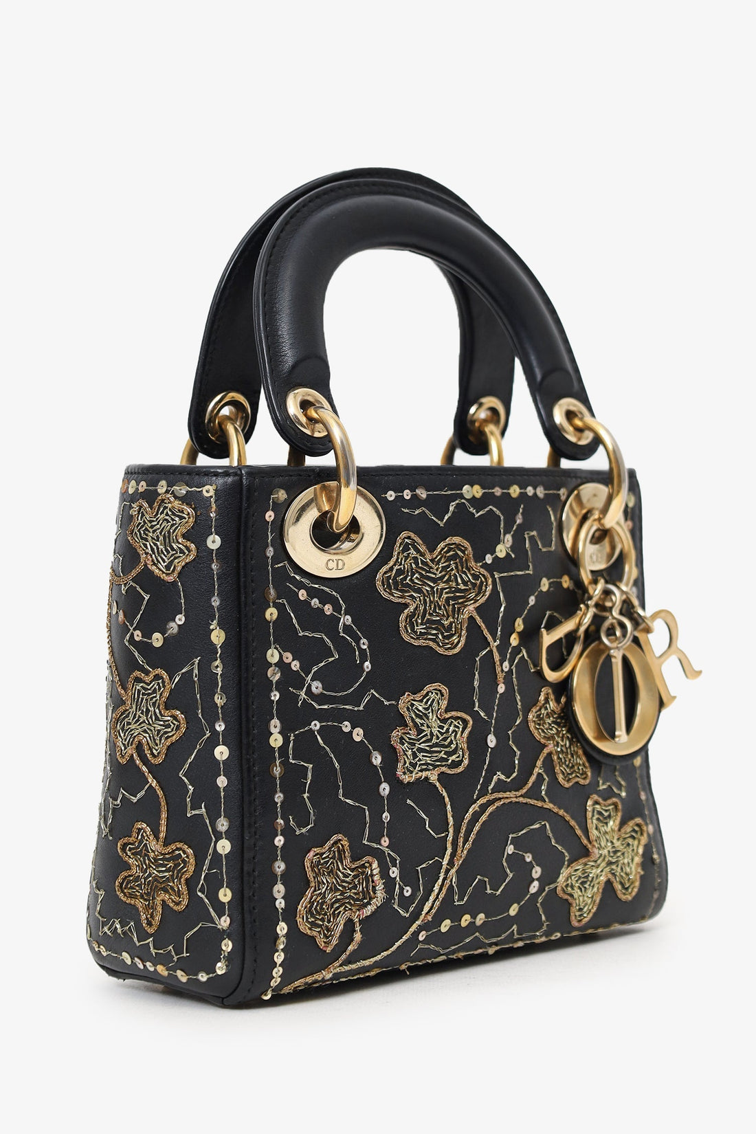 Christian Dior 2018 Black Leather Gold 'Clovers' Embroidered Mini Lady Dior
