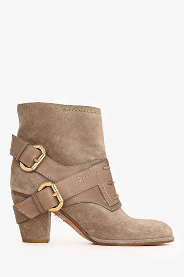Christian Dior Beige Suede Leather Buckle Detail Ankle Boots Size 35.5