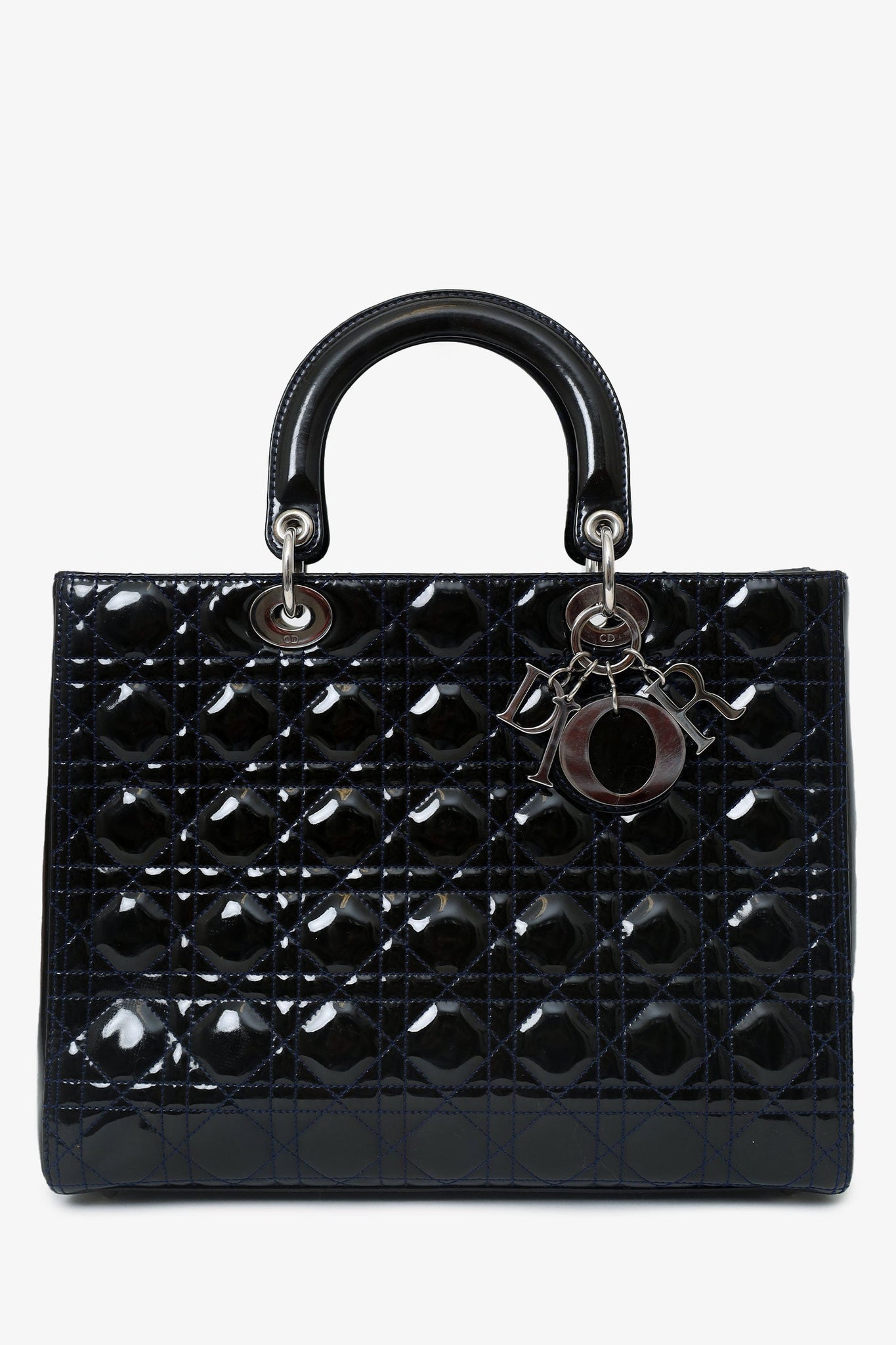 Christian Dior 2009 Black Patent Large Lady Dior Top Handle With Strap