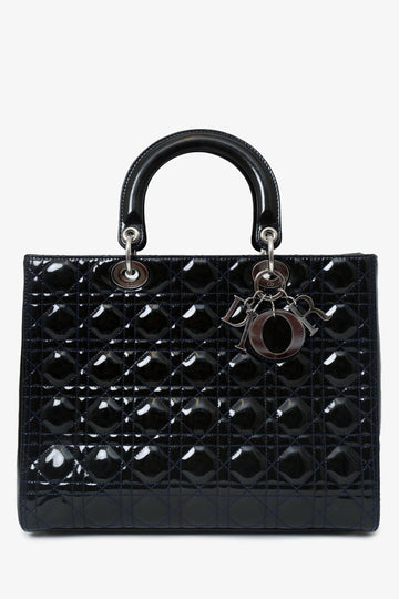 Christian Dior 2009 Black Patent Large Lady Dior Top Handle With Strap