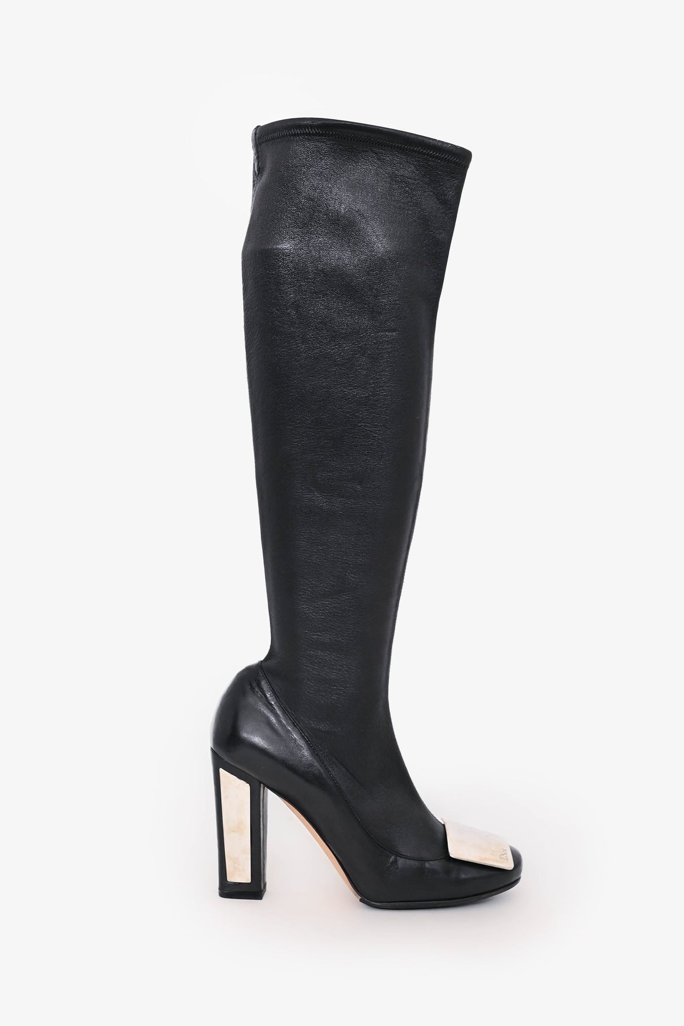 Christian Dior Black Leather Logo Plaque Knee High Boots Size 36