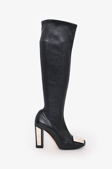 Christian Dior Black Leather Logo Plaque Knee High Boots Size 36