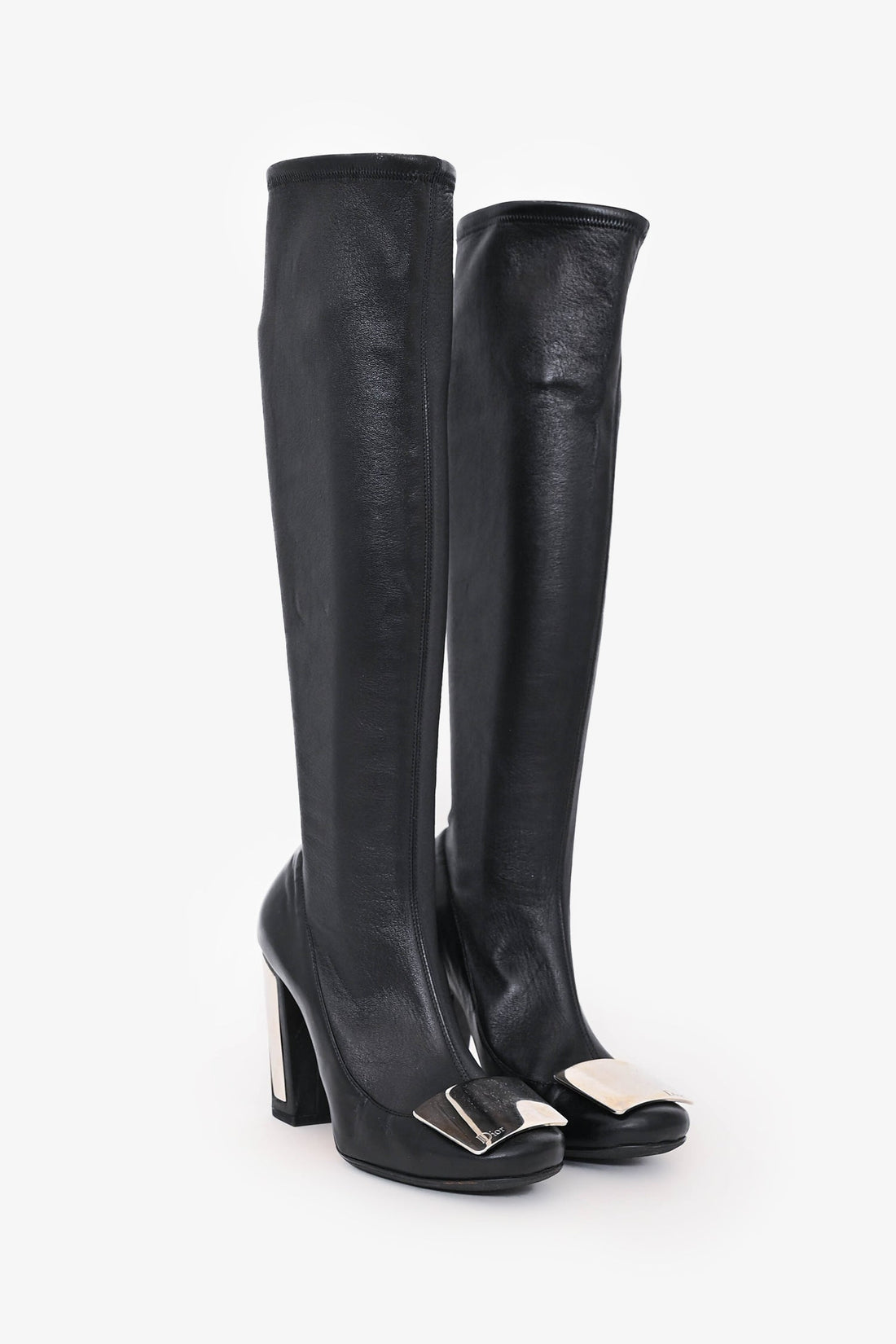 Christian Dior Black Leather Logo Plaque Knee High Boots Size 36