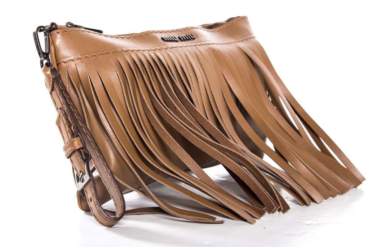 Miu Miu Light Brown Fringe Detail Leather Wristlet Clutch