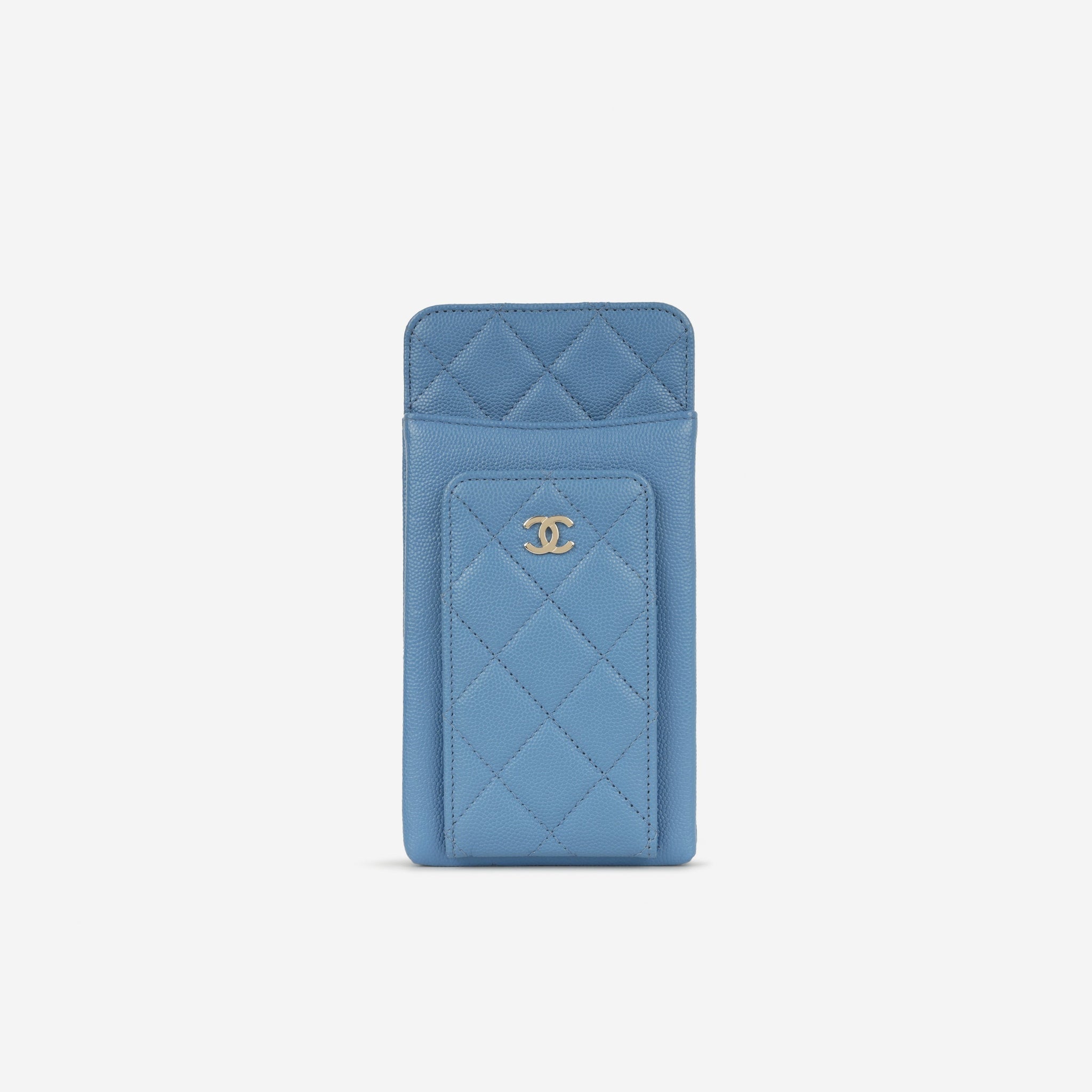 Chanel CC Phone Holder  Blue Caviar Champagne Gold Hardware